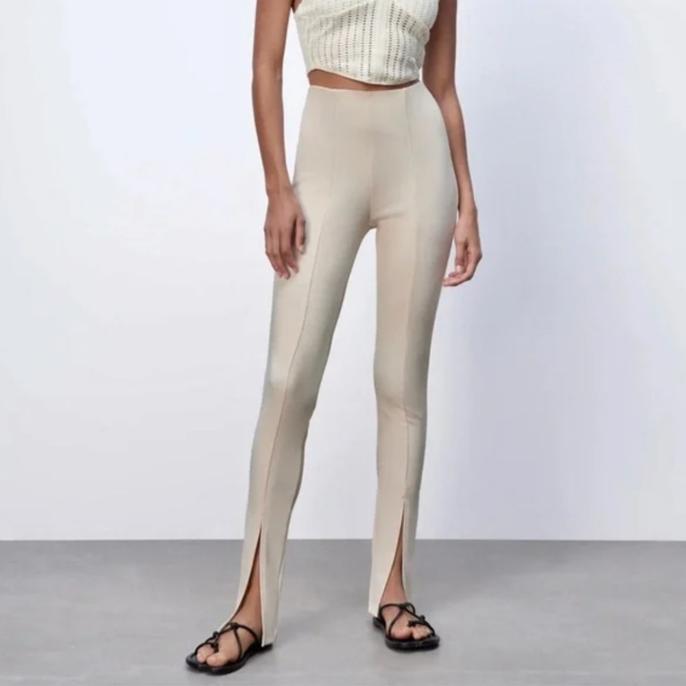 Zara Beige High-Rise Leggings with Front Slits